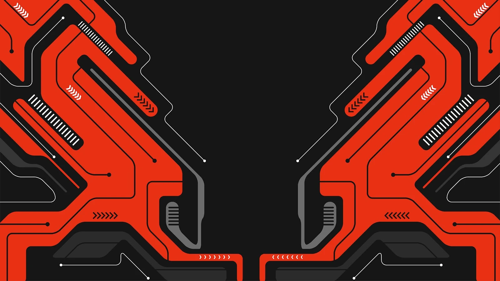 The image shows a symmetrical, abstract design with a central division that suggests a mirrored image. The color scheme is primarily black and bright orange, with the orange parts featuring various linear and geometric patterns that give the impression of a technological or futuristic theme. The design is intricate, with a mixture of straight lines, curves, and small detailing that could be reminiscent of a circuit board or some kind of electronic interface. The complexity of the patterns within the design might suggest a sense of movement or energy. Overall, the image has a modern and dynamic aesthetic.

