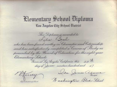 Lils'a 1947 L.A. Elementary School Diploma