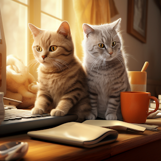 Orange shorthair cat is pouncing a computer keyboard next to a gray striped shorthair cat who looks off in the distance. The desk is wooden and has a cup holder, books, a keyboard