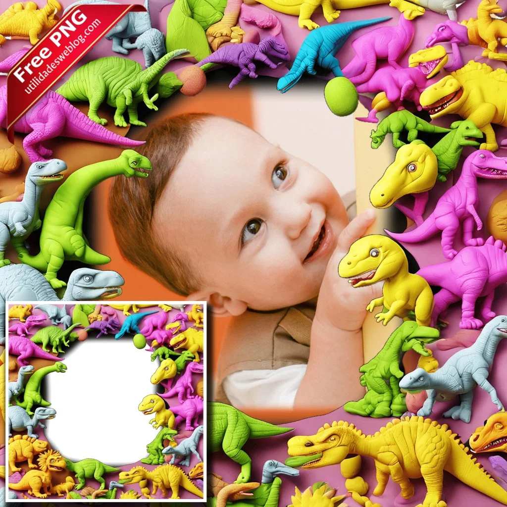 marco para fotos con dinosaurios de plastico o plastilina en png con fondo transparente para descargar gratis