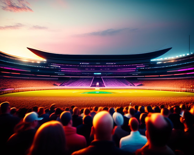 Narendra Modi Stadium at dusk hosting the ICC Cricket World Cup 2023 Final between India and Australia