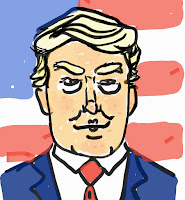 cartoon of President Donald Trump in front of an America flag.