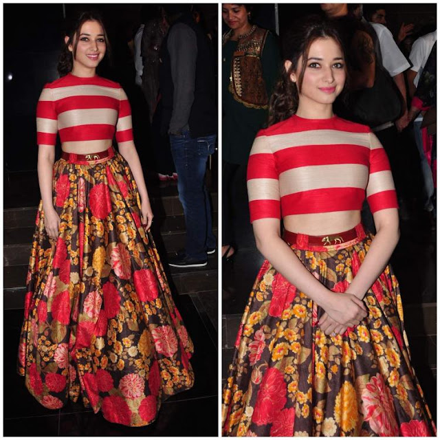 Tamanna Bhatia in Floral Skirt with Striped Top at Launched Bahubali Movie Trailer