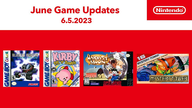 Arte com imagens de capa dos jogos de NES, SNES e Game Boy adicionados ao Nintendo Switch Online em junho de 2023: Kirby Tilt ‘n’ Tumble, Mystery Tower, Harvest Moon e Blaster Master: Enemy Below