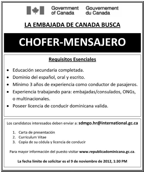 Empleo La Embajada de Canadá busca Chofer-Mensajero Envía tu CV