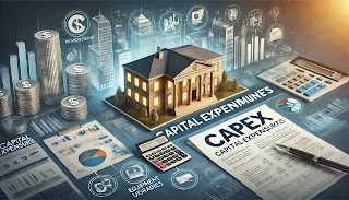 A professional image featuring a building, a financial document labeled 'CapEx,' a calculator, and icons representing major expenses like renovations, equipment upgrades, and infrastructure improvements. The background has blue and gold tones, symbolizing investment and long-term planning.