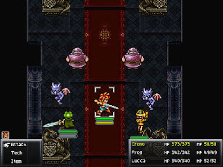The team battles monsters in the hallways in the Fiendlord's Keep, a major dungeon in Chrono Trigger.