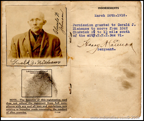 Enemy Alien Registration, Gerald Niehaus, Indianapolis, Indiana, 1918