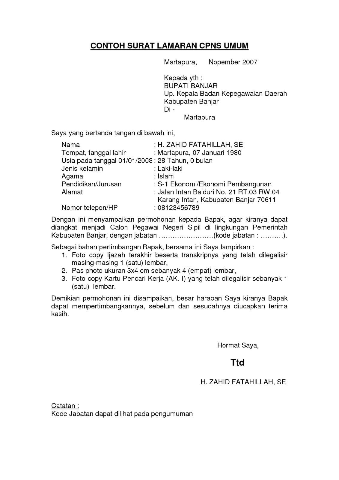 Contoh Surat Lamaran Kerja CPNS  Bursa Info Lowongan 