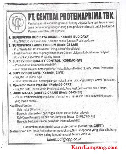 Lowongan PT. Central Proteina Prima Tbk Terbaru Juni 2013 