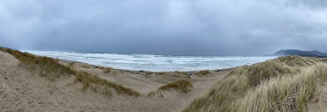 Panorama view of the sand dunes and beach at Manzanita, Oregon