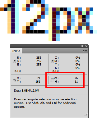 Screenshot of supposedly 12px text being 11px high when checked in Photoshop.
