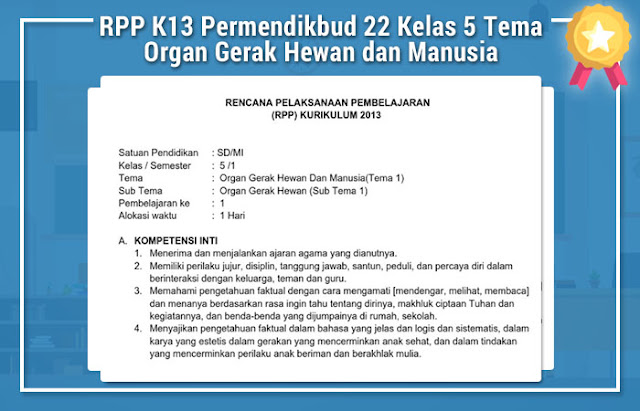 RPP K13 Permendikbud 22 Kelas 5 Tema Organ Gerak Hewan dan Manusia