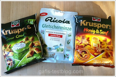 Funny-Frisch Kruspers Sour Cream, Ricola Gletscherminze und Funny-Frisch Kruspers Honig & Senf