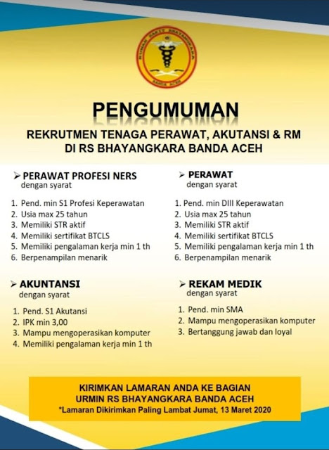 Rekrutmen Tenaga Perawat, Akutansi & Rekam Medis Di RS Bhayangkara Banda Aceh 