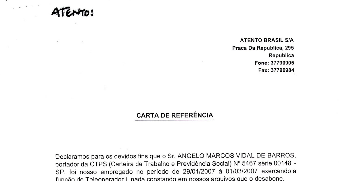 Curriculovitae(Ângelo Vidal): Carta Referência(ATENTO)