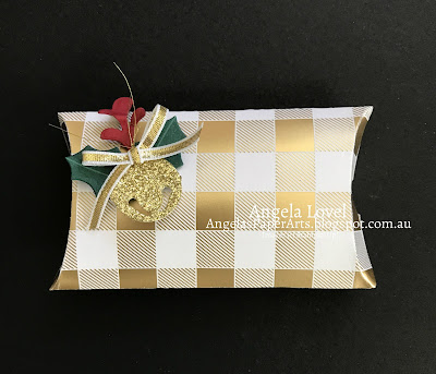 Stampin' Up! Trim Your Stockings pillow box by Angela Lovel, Angela's PaperArts