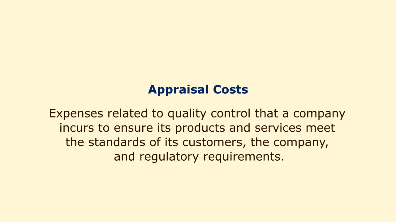 Expenses related to quality control that a company incurs to ensure its products and services meet the standards of its customers, the company.