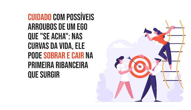 Figura mostrando duas pessoas segurando um alvo e uma pessoa em uma escada de corda, egos inflados acima das metas