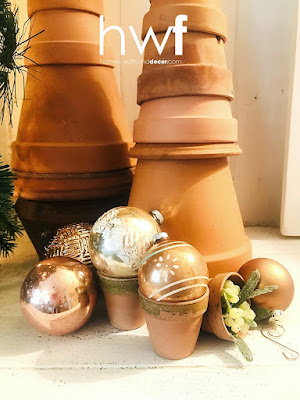 terra cotta Christmas 2023,faux finish,Christmas,Christmas Decor Themes,thrifted,Christmas Decor,holiday,up-cycling,painting,dollar store crafts,tutorial,re-purposed,Christmas tree,ornaments, tree decorating,tree decor,diy ornaments,terra cotta flower pot decor,Terrain,Pottery Barn,West Elm