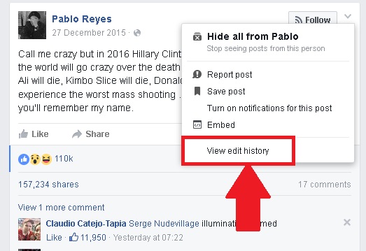 Pablo Reyes, Facebook, Status, Prediction, 27 December 2015, 2016, Hillary Clinton, Gorilla, Prince, Muhammad Ali, Kimbo Slice, Donald Trump, USA, Mass Shooting, Fake, Edited, Busted, Predicted, Truth,