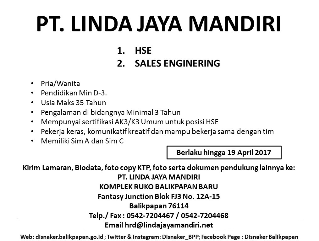 Lowongan PT. LINDA JAYA MANDIRI - JobsDB