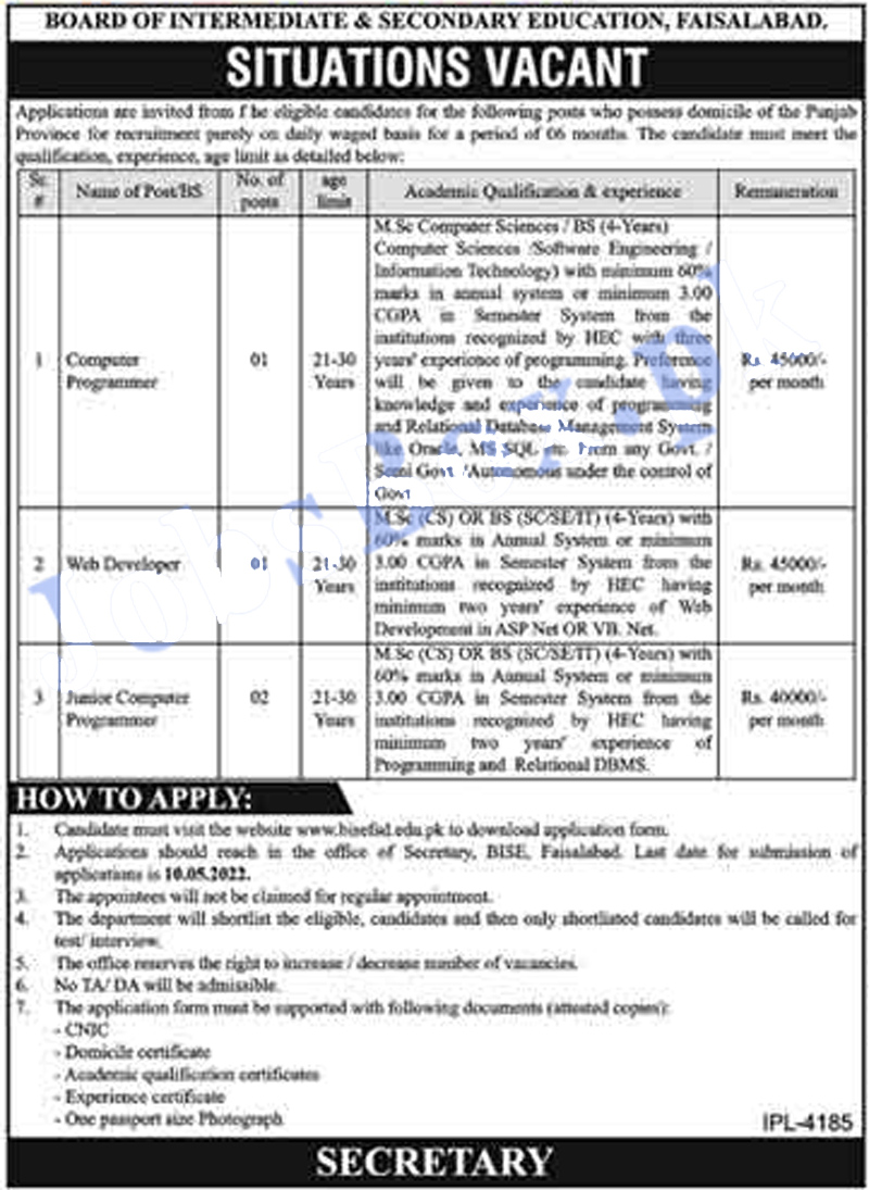 BISE Faisalabad Jobs 2022 Latest Download Form via www.bisefsd.edu.pk