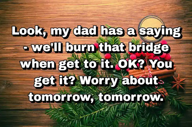 "Look, my dad has a saying - we'll burn that bridge when get to it. OK? You get it? Worry about tomorrow, tomorrow." ~ Barry Lyga
