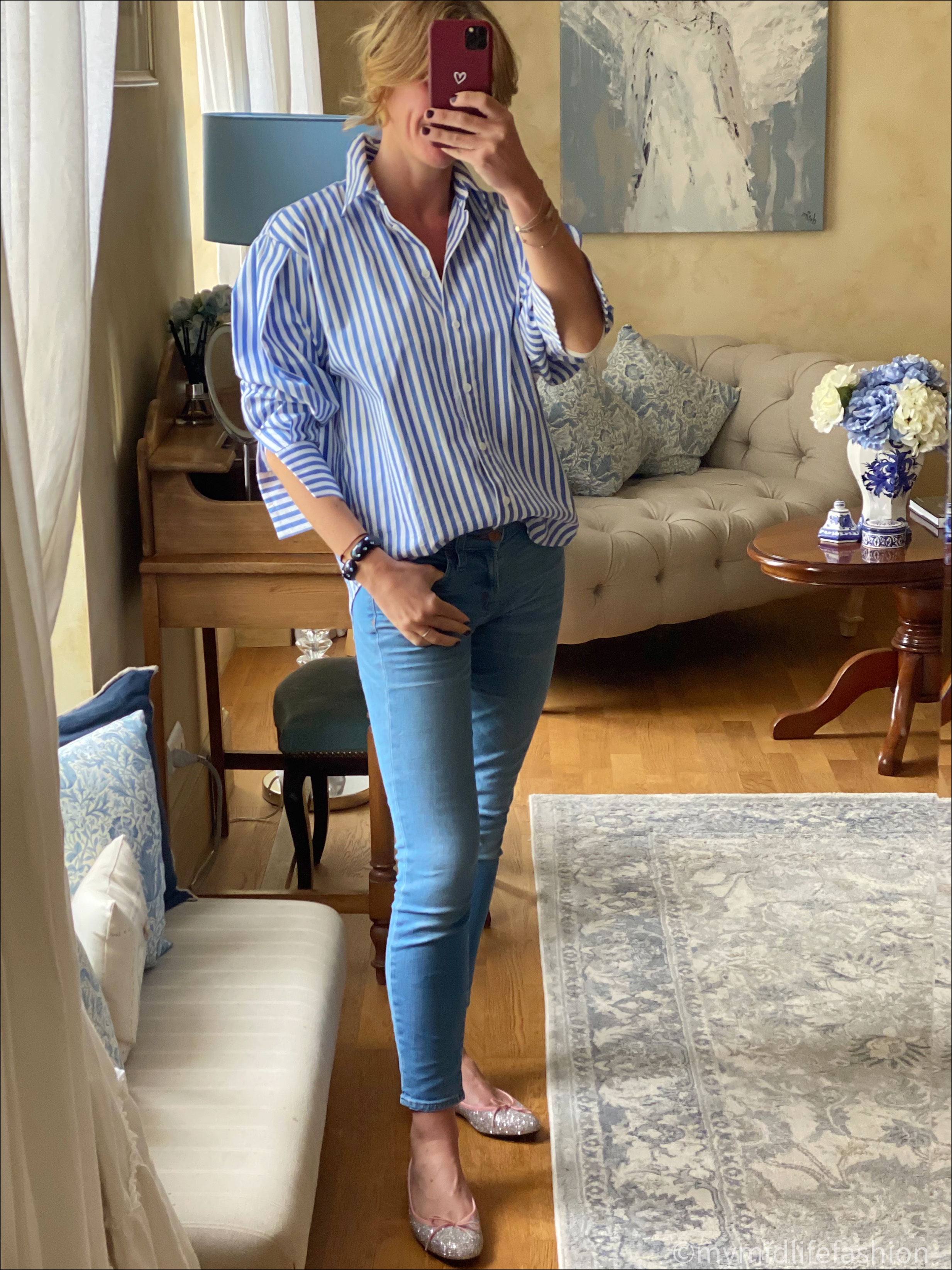 my midlife fashion, and other stories oversized stripe shirt, j crew 8 inch toothpick skinny jeans, French sole glitter ballet pumps