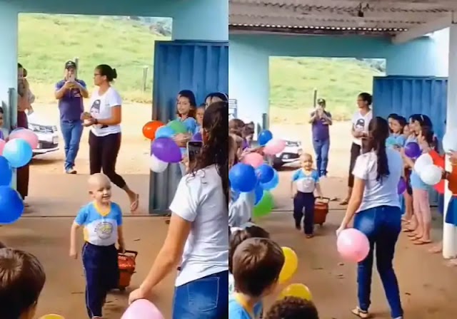 Menina curada do câncer é recebida com festa na escola e vídeo viraliza