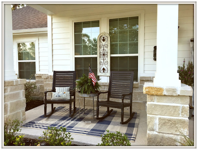 Suburban Farmhouse Front Porch-Grandin Road Rocking Chairs-Plaid Outdoor Rug-Porch Decor-From My Front Porch To Yours