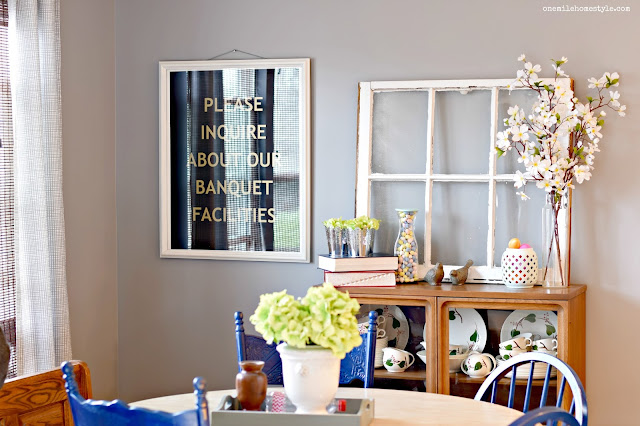 Granite Grey Dining Room; Spring Vignette and Banquet Wall Art - One Mile Home Style