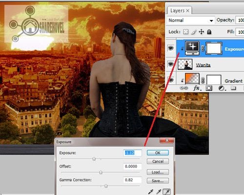 tambahkan layer adjustment exposure di atas layer wanita - trik cara membuat efek sunset di photoshop