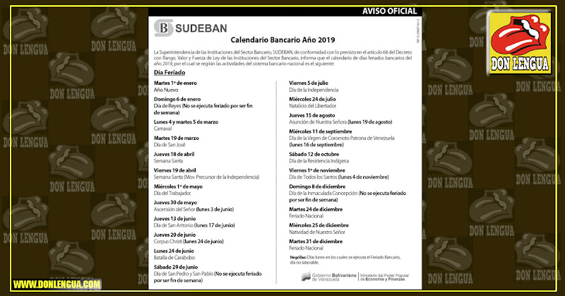 Estos son los días feriados bancarios del 2019 anunciados por Sudeban