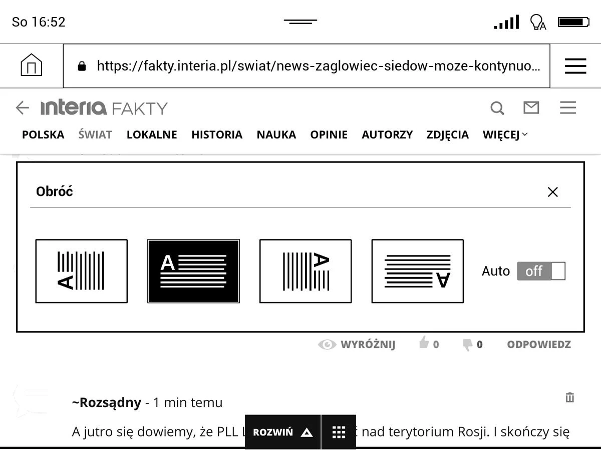 Przeglądarka w PocketBook InkPad 3 w trybie poziomym