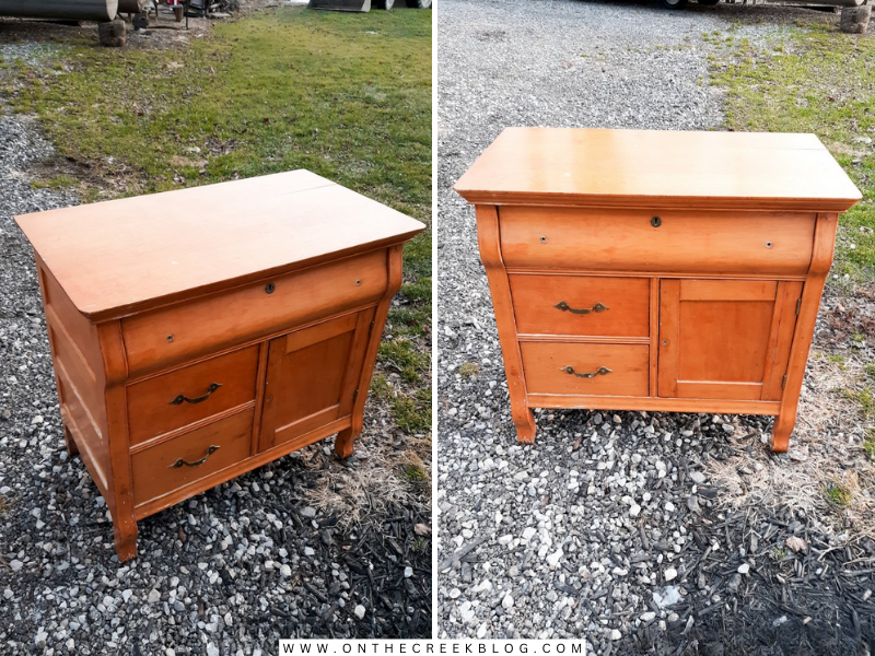 Transformed vintage wash stand painted in vibrant yellow, featuring distressed details and chic black hardware. | on the creek blog // www.onthecreekblog.com