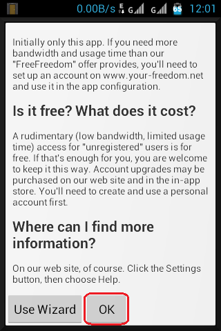 Your Freedom For Android - Wizard and OK