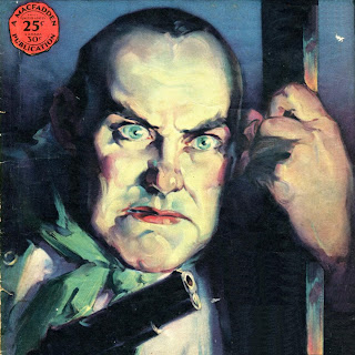 Painting of a grimacing, round-faced older man gripping a post and a pistol. He wears a green scar and has piercing green eyes.