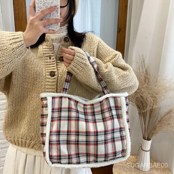 SUGARBAE College Package/ge wen bao/Plush Bag/Canvas Bag Plaid Large Capacity Student Retro Plush One-Shoulder Handbag