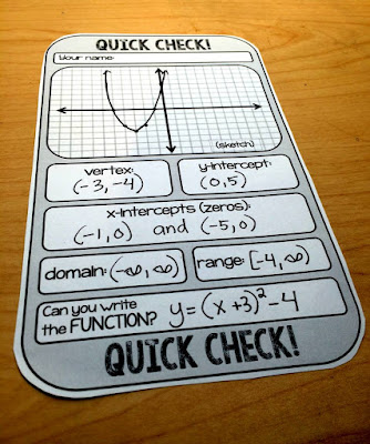 I use this algebra 2 quick check template all the time as a warm up, exit ticket or check for understanding. It's a free download through this post and has saved me so much time in my Algebra 2 class. Now includes a full-page version to use inside a page protector as a way to save paper. We use the math template to graph quadratics, absolute value, radical functions, exponential functions and find domain, range, vertex, y-intercept and zeros. It has been a total time saver in my algebra 2 class. In the post is a link to more free printable math templates.