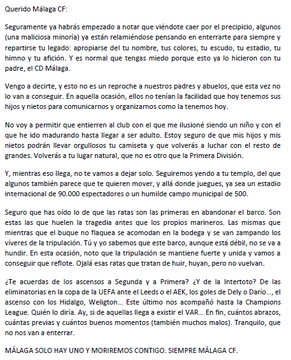 Carta abierta al Málaga CF