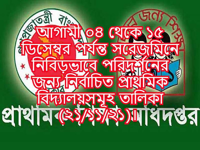 আগামী ০৪ থেকে ১৫ ডিসেম্বর পর্যন্ত সরেজমিনে নিবিড়ভাবে পরিদর্শনের জন্য নির্বাচিত প্রাথমিক বিদ্যালয়সমূহ তালিকা (২১/১১/২১)। 