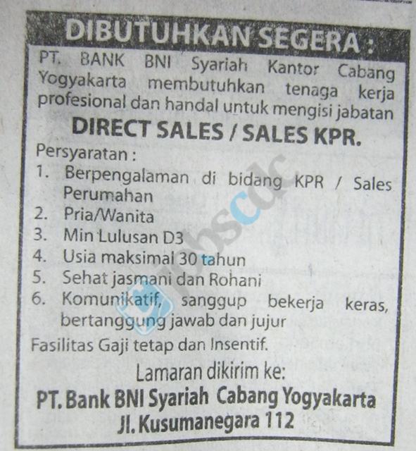 PT Bank BNI Syariah - Direct Sales / Sales KPR May 2012 
