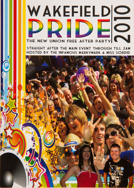 Poster for the Wakefield Pride 2010 after party, with a photo of a packed Pride crowd and Miss Sordid and Markymark at the bottom