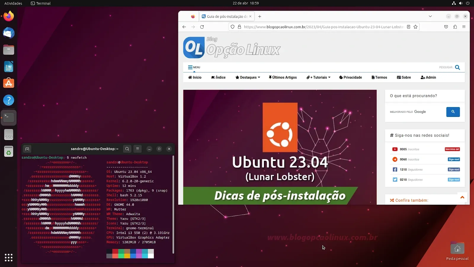 Área de trabalho do Ubuntu 23.04 'Lunar Lobster' recém-instalado