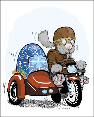 Bunny in motorcycle jacket, aviator goggles and cap driving a sidecar motorcycle.  in the sidecar sits an enormous decorated egg