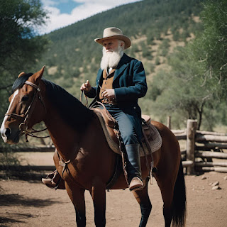 Charles Darwin as a cowboy on a horse