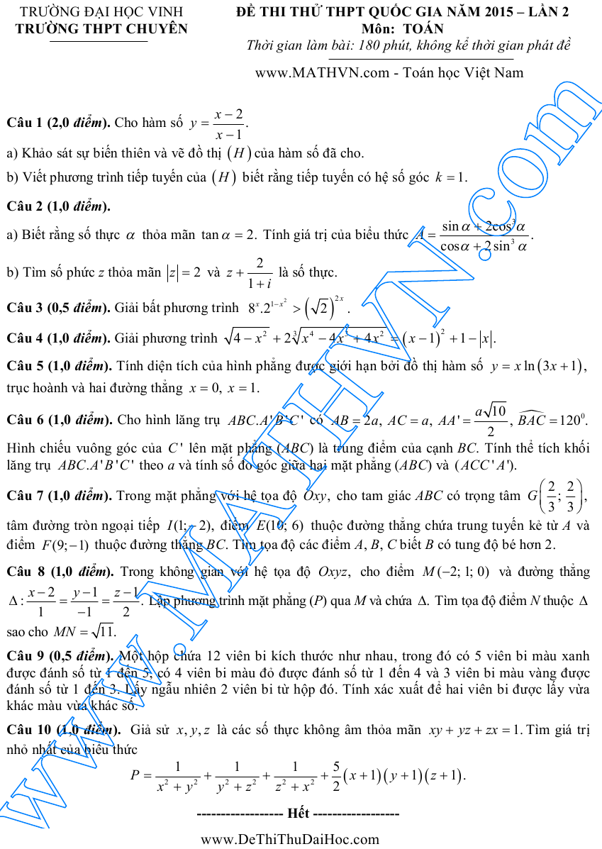 đáp án đề thi thử toán lần 2 chuyên đh vinh 2015