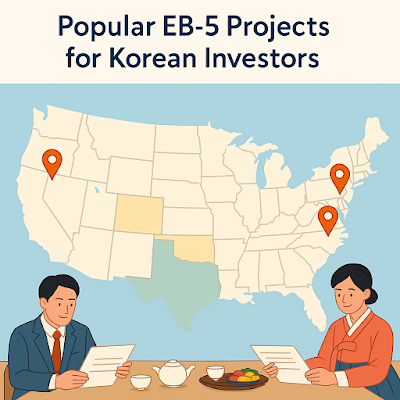 미국 지도 위에 주요 도시를 핀으로 표시하고 한국인 투자자들이 선호하는 EB-5 프로젝트 위치를 보여주는 심플한 일러스트, 전통 차를 즐기는 남녀 일러스트 포함