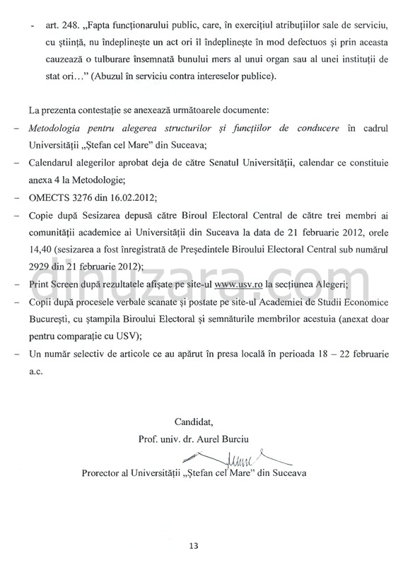 Contestaţia depusă de prorectorul Aurel Burciu împotriva rezultatelor alegerilor pentru funcţia de rector al USV